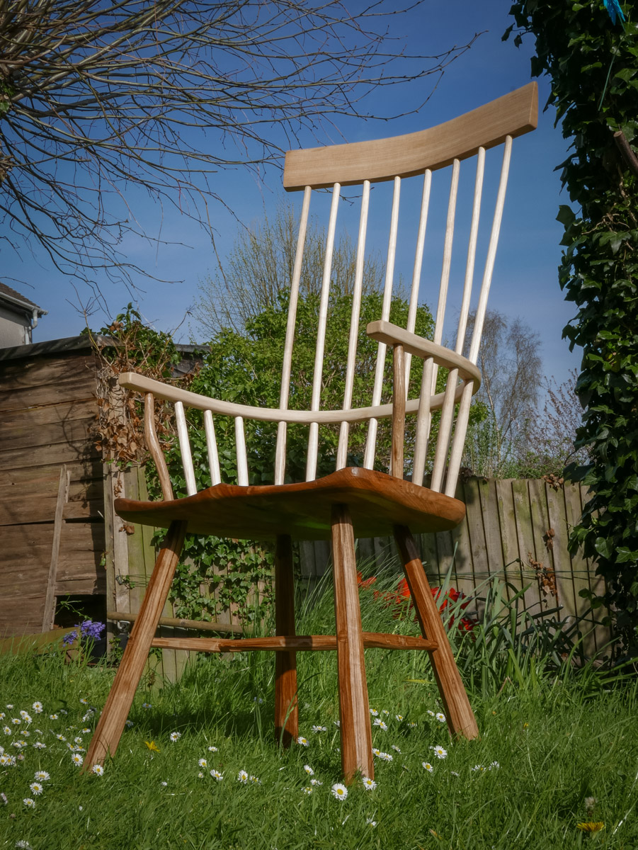 High back Welsh stick chair in elm, ash and oak